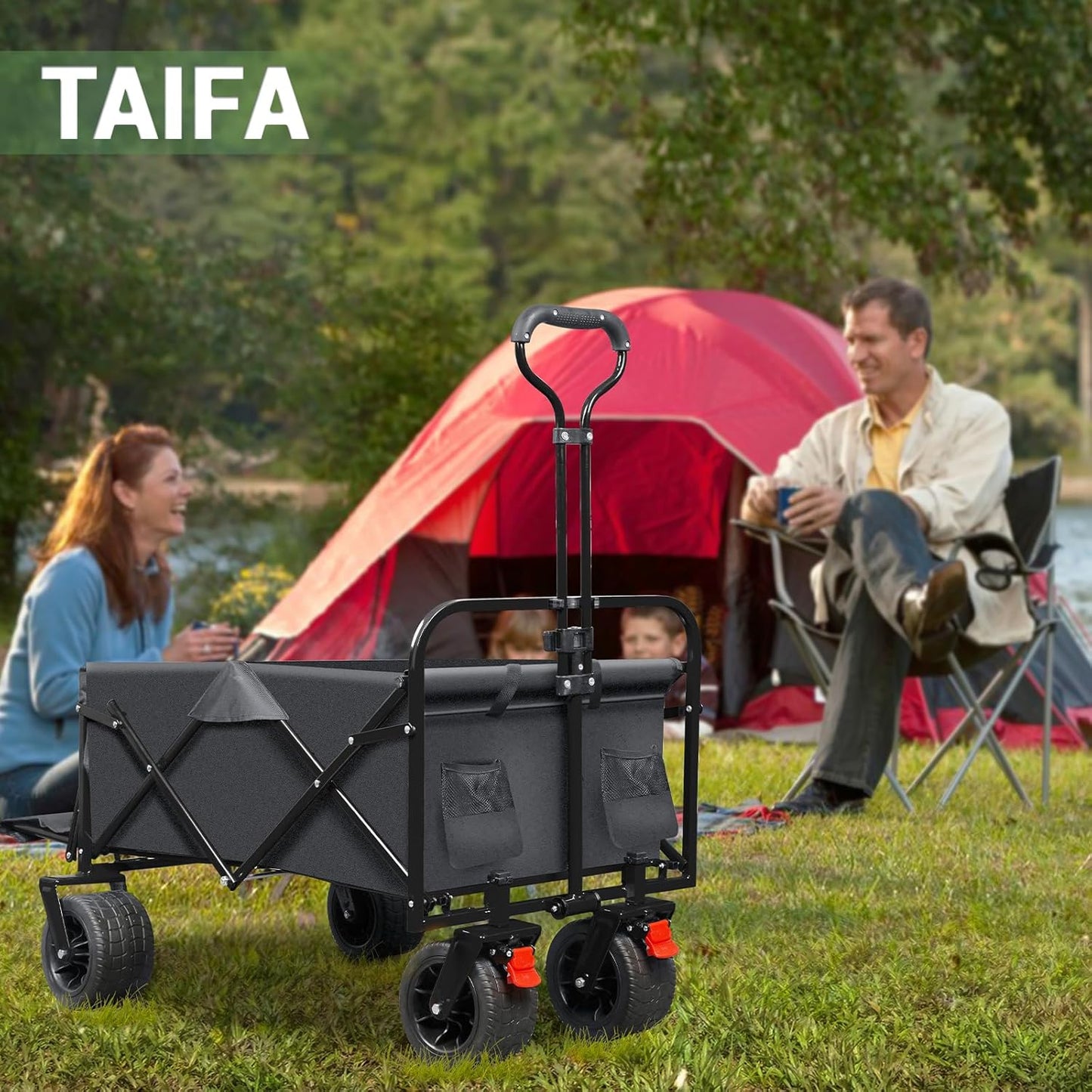 TAIFA Foldable Collapsible Wagons Cart with Extra Long Tailgate, Beach Portable Utility Wagon with Big Wheels and Brakes for Sand Shopping Camping Sports Outdoor, Black and Gray