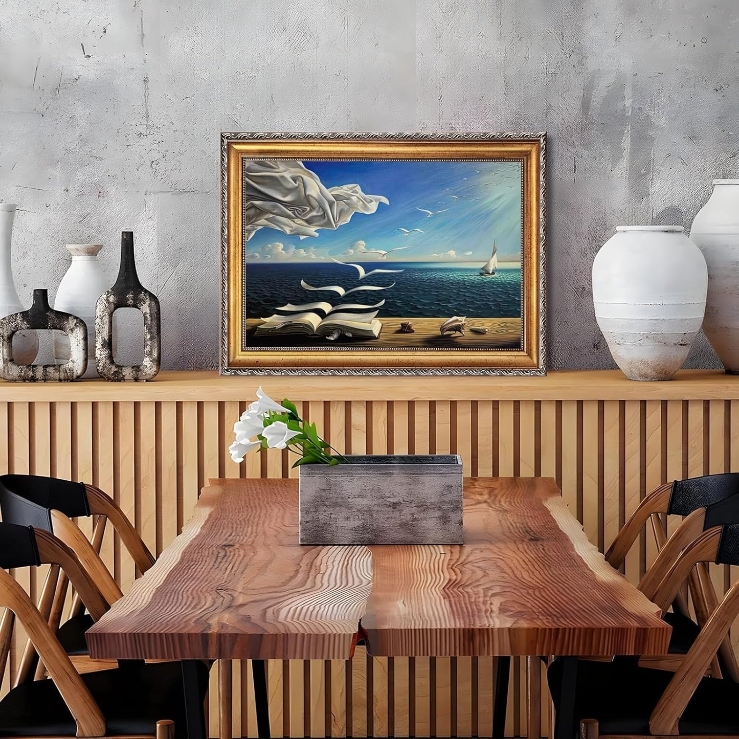 Qcrpnhy Surreal Ocean Dream Poster Wall Art Flying Pages And Seagulls Canvas Print Nautical Fantasy Book Scene Coastal Wall Decor For Living Room Bedroom Office 24x36inch Golden frame
