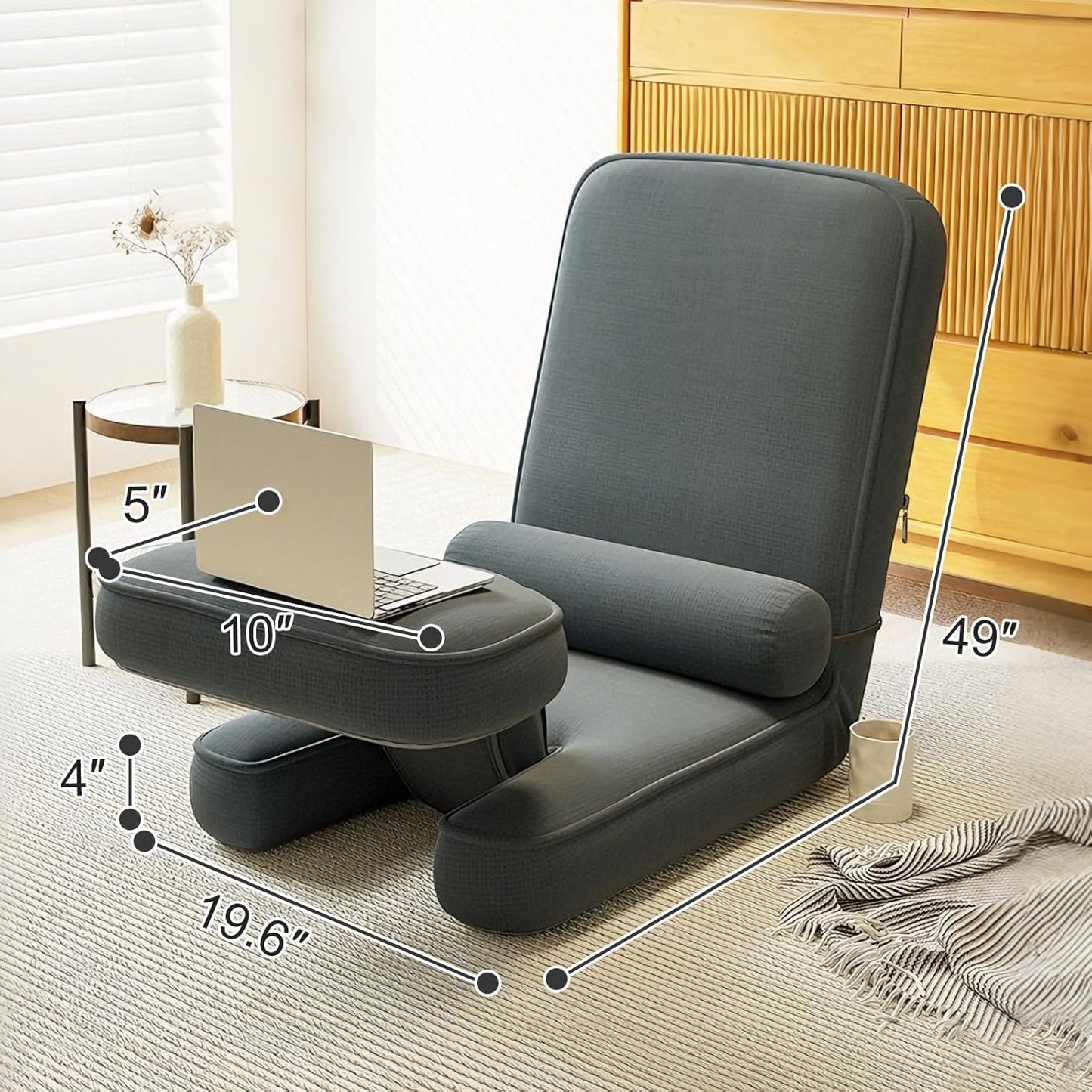 ZALL Grey Floor Folding Recliner Chair, Adjustable Back Support - Ergonomic Comfort for Game Room, Home Reading & Kitchen Leisure