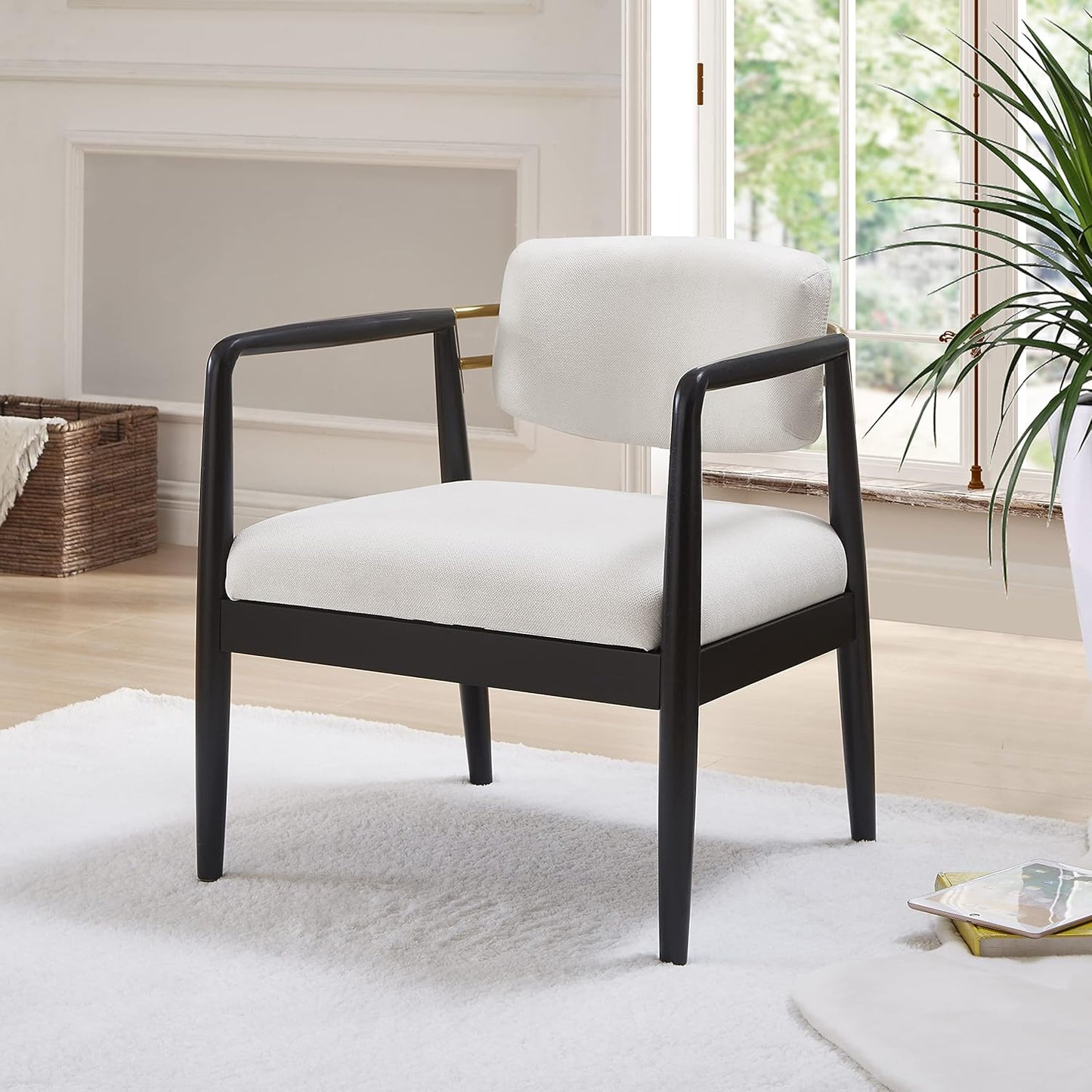 Ball & Cast Modern Accent Chair Upholstered Club Chair Comfy Side Armchair with Wooden Frame, Ivory