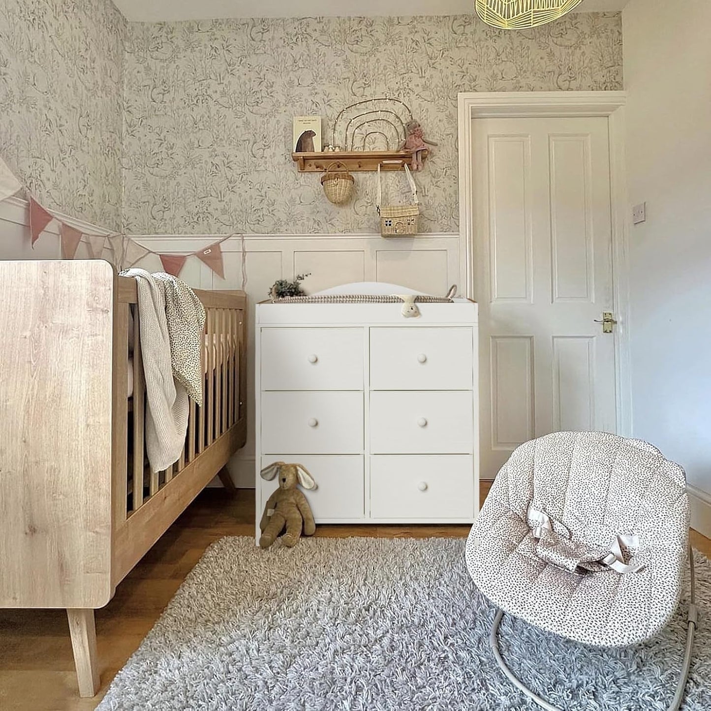 BOLUO Changing Table Dresser with 6 Fabric Drawers, Baby Dresser with Changing Table Top Diaper Changing Station with Storage for Nursery Modern