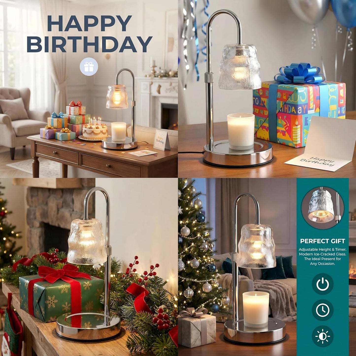 Candle Warmer Lamp with Timer & Dimmable,Candle Lamp Warmer with Ice-cracked Glass Shade,Gifts for Women valentine’s day, Adjustable Height Wax Warmer Lamp with 2 Bulbs for Jar Candles (Silver)