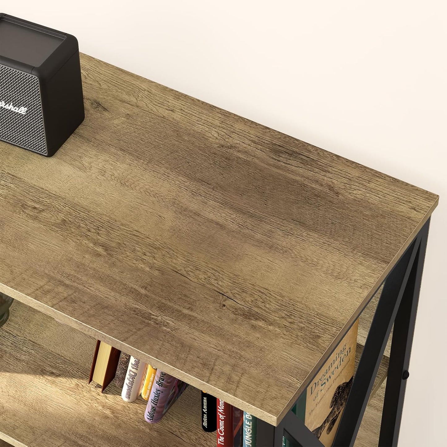 Horizontal Bookshelf,Industrial Modern 5 Cube Low Wide Cubby Bookcase,Long Wood and Metal Storage Organizer Open Shelf, Short Book Shelf Bedroom Storage for Home Office Living Room(Rustic Oak,5 Cube)