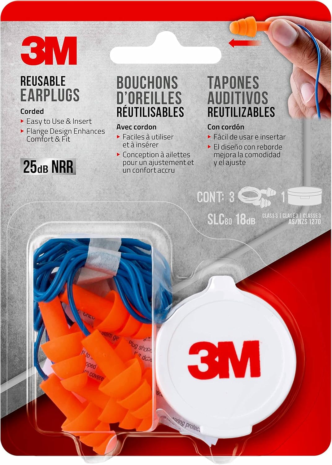 3M Corded Reusable Earplugs, 3 Pack, Noise Reduction Rating (NRR) 25 dB, Easy To Use & Insert, Pliable & Tri-Flange Design Enhances Comfort & Fit, Orange Ear Plugs (90716H3-DC)