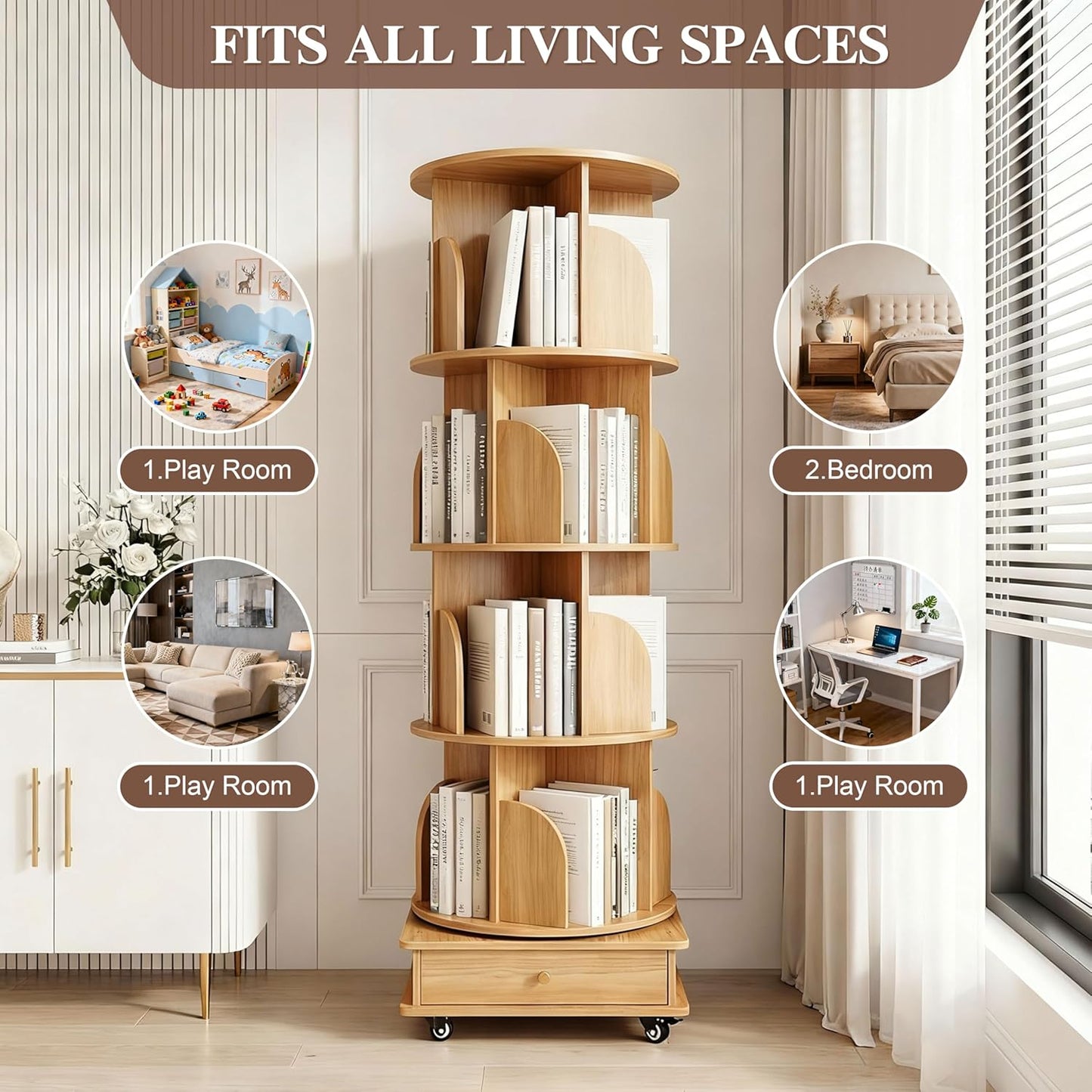 5-Tier 360° Rotating Bookshelf with Lockable Wheels & Drawer, Space-Saving Corner Unit, Holds 50 Books/Tier & Adjustable Height, Natural Wood MDF Storage for Bedroom, Office, Living Room