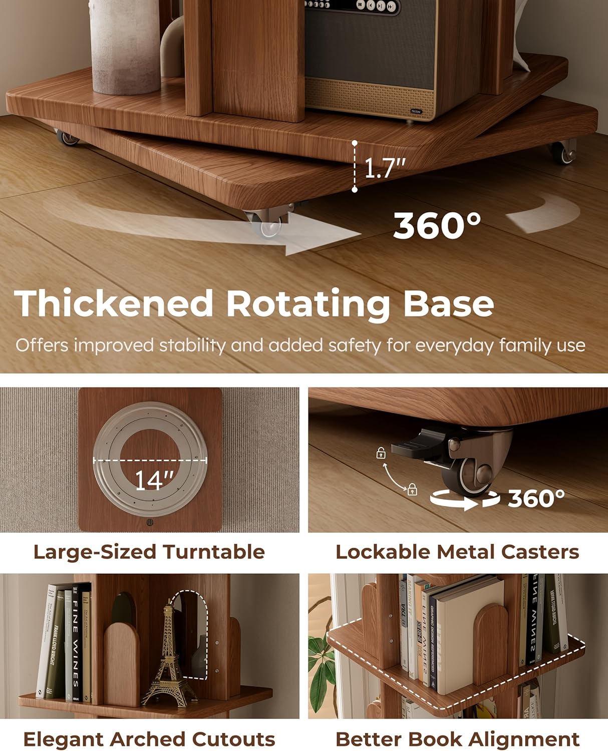 Solid Wood Rotating Bookshelf Tower with Book Ends, 6 Tier Corner Book Shelf with Wheels, Spinning Bookshelf Kids, Revolving Bookcase Shelf, Tall Narrow Book Case for Small Spaces, Walnut