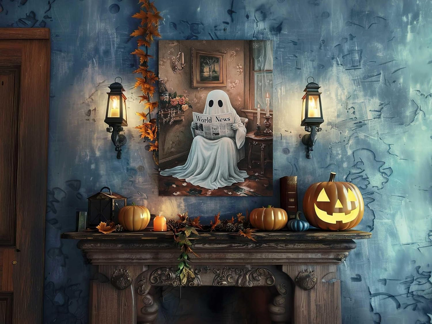 Dark Academia Halloween Ghost Canvas Wall Art Painting Vintage Spooky Ghost Reading Newspaper on Toilet Halloween Pictures Poster for Aesthetic Bathroom Room Wall Decor 08x10inch Unframed