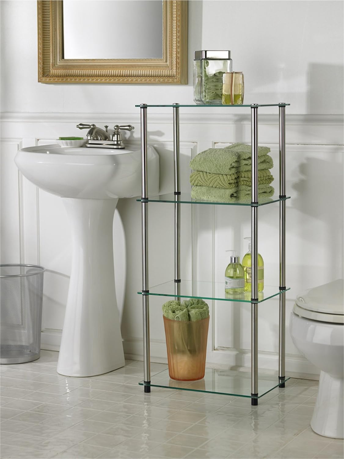 Convenience Concepts Designs2Go 클래식 유리 4단 타워 45.1cm(17.75인치) - 거실용 모던 미디어 스테인리스 스틸 책장, 가족방, 욕실, 사무실, 유리/크롬 디스플레이 보관 선반