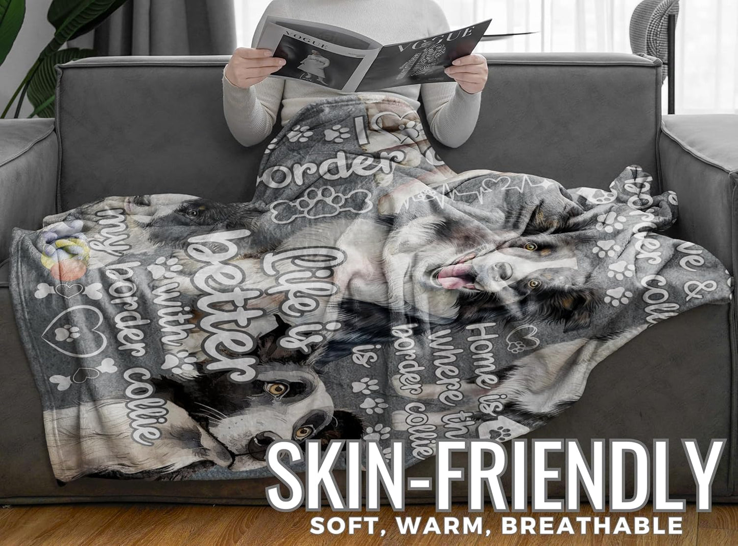 Border Collie Blanket Gifts for Border Collie Lover & Owner, Gifts for Women & Men, Dog Mom & Dad, Soft Flannel Blanket, 65 x 50 inches