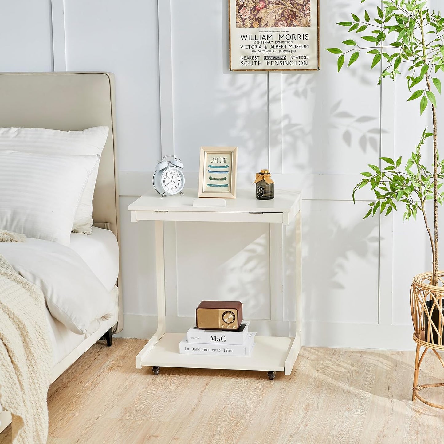 C-Shaped End Table with Wheels - Rolling Side Table for Couch, Solid Wood Modern Adjustable Angles Tv Tray Sofa Tables for Living Room, Bedroom, Home Office, White, 15.4"D x 23.6"W x 24.8"H