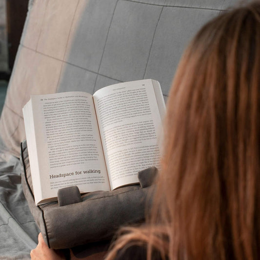 Gifts for Readers & Writers Tablet & Book Stand, Soft Reading Pillow, Book Holder with Pockets for Storage, Suitable for eReader/iPad/Kindle or Galaxy Devices, Book Couch Gray