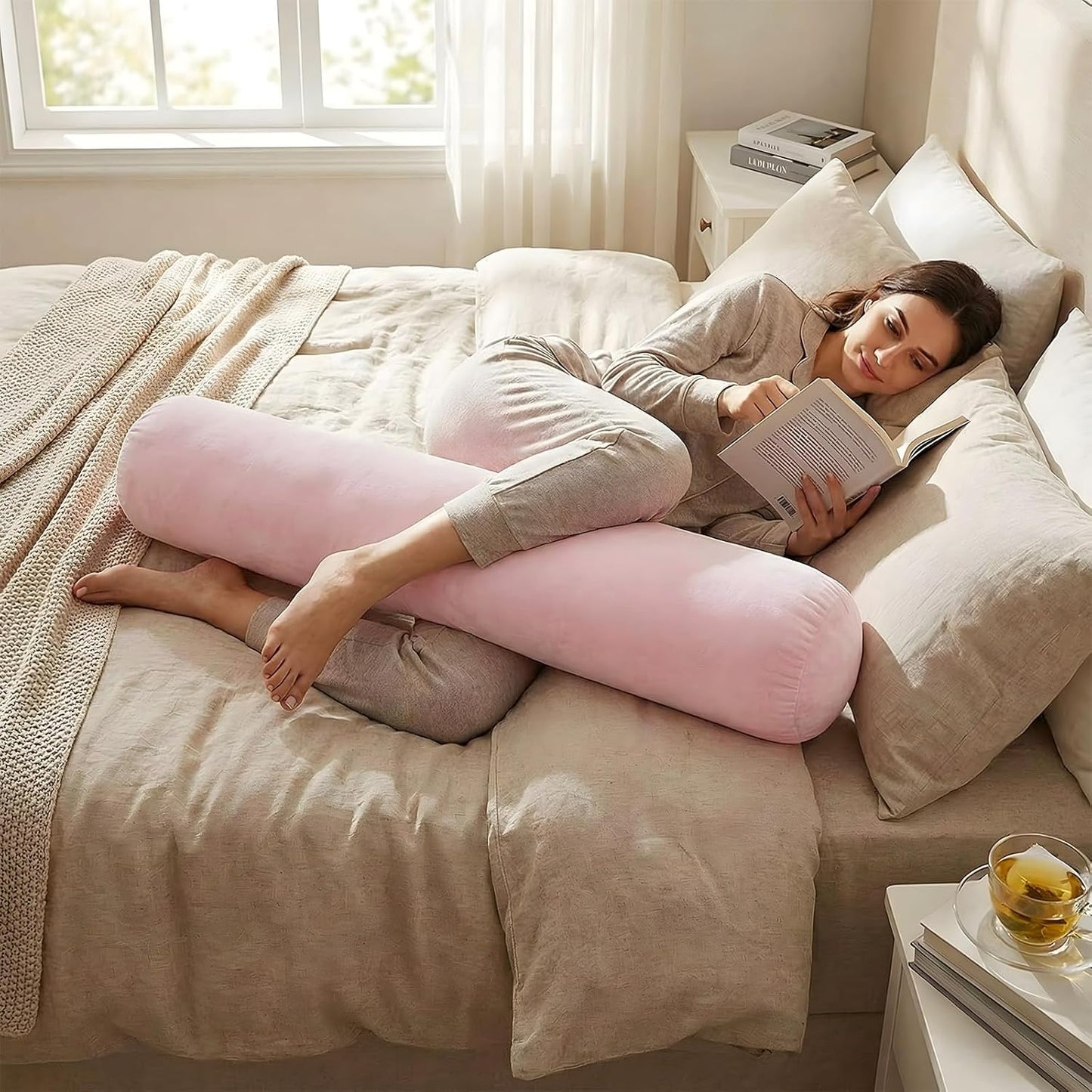 Chunful Body Pink Pillow for Adults 47" x 7.87" Long Lumbar Bolster Pillow with Removable Flannel Cover Pink Round Body Roll Cylinder Cushion for Bed Sofa Sleeping Lumbar Support