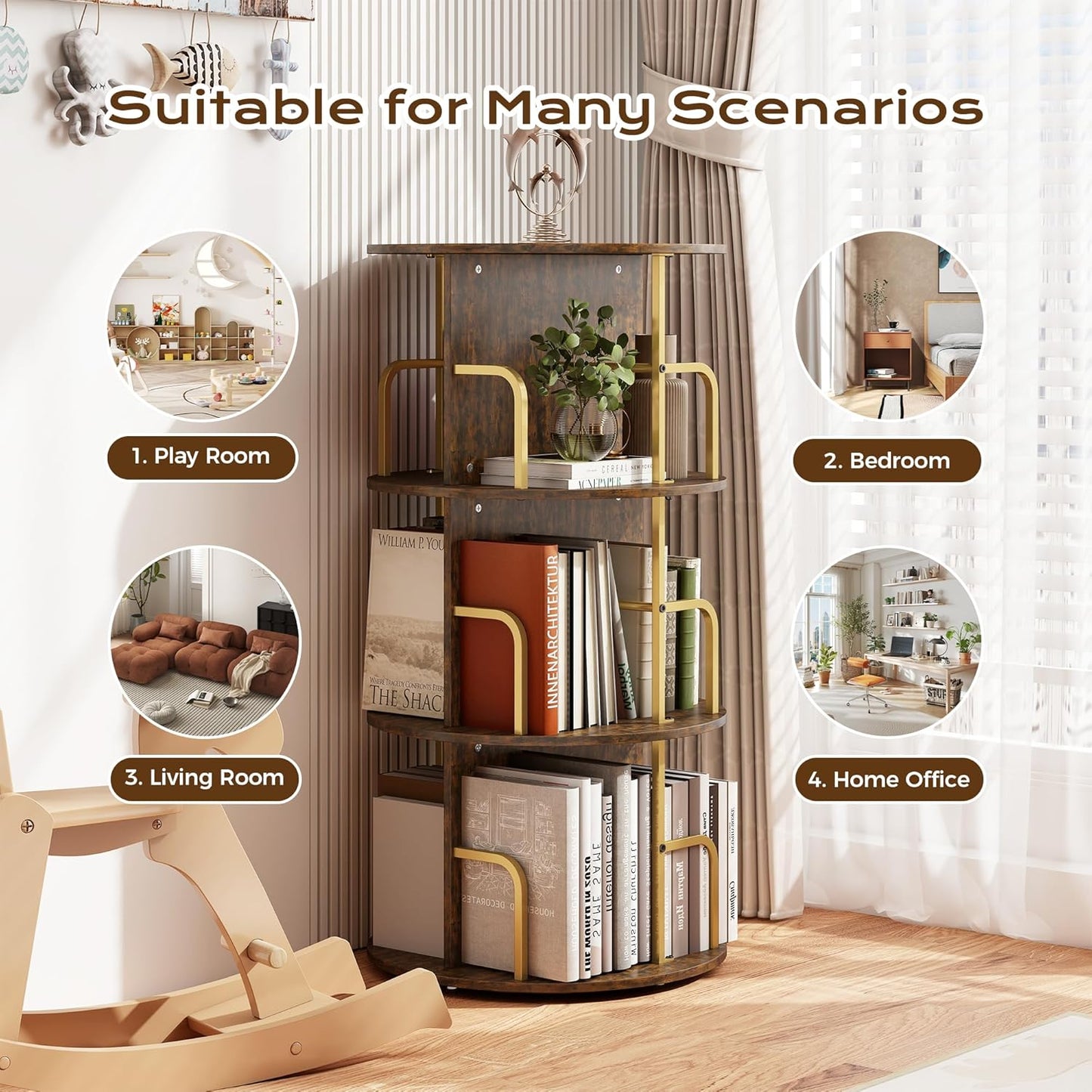 Manora 360° Rotating Spinning Bookshelf Tower, 3 Tier Round Bookcase with Storage Organizer and Display Shelves, Corner Space-Saving Rotating Book Shelf for Living Room, Bedroom, Office, Gold