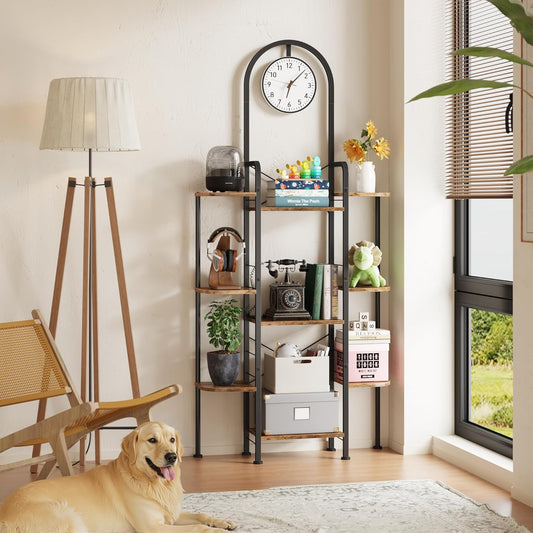 Bookshelf with Wall Clock, Triple Bookcase with Open Display Shelves, Industrial Style Book Shelves, Modern Display Shelf for Living Room, Bedroom, Home Office, Rustic Brown, 29.8" W