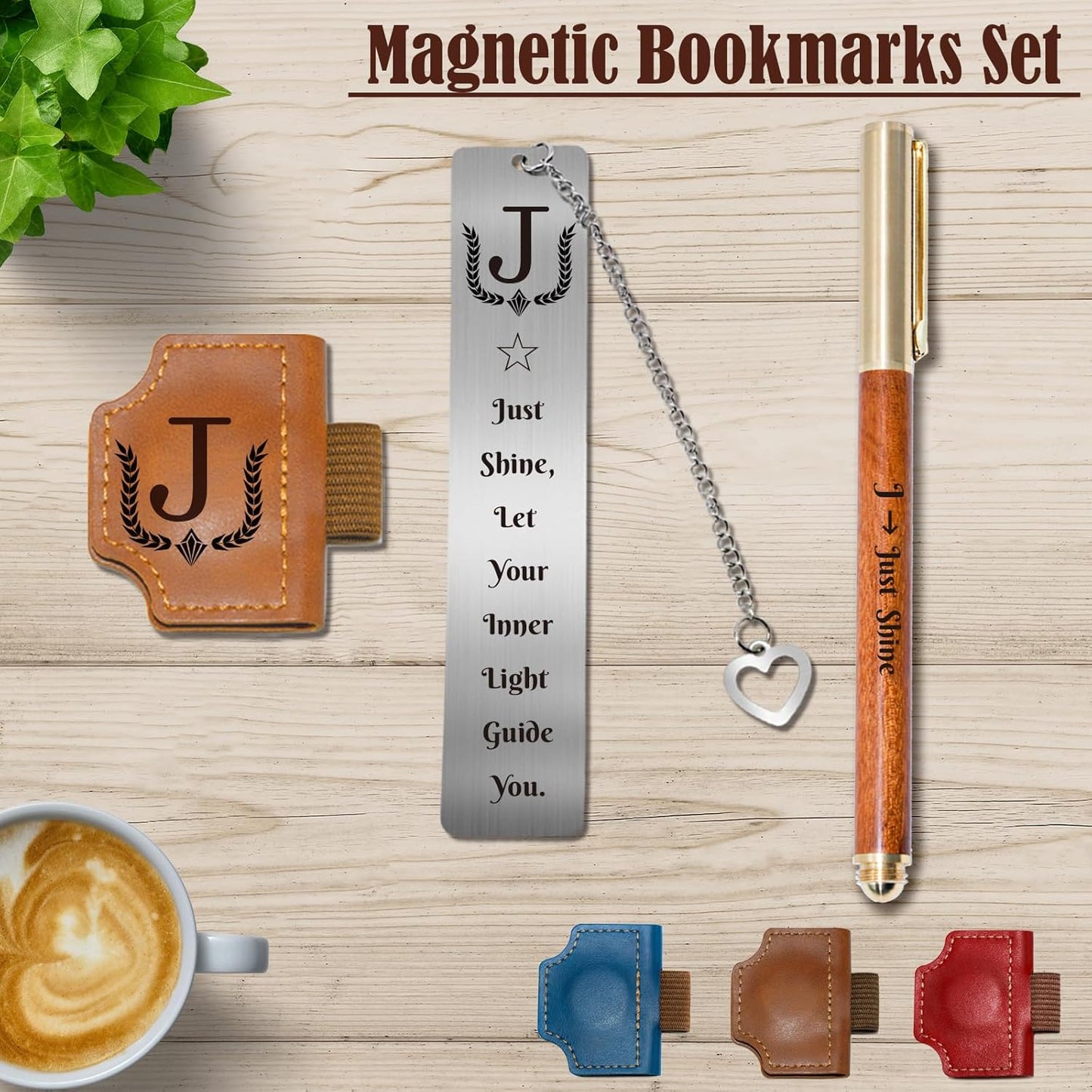 3Pcs Personalized Magnetic Leather Bookmark with Pen Holder Custom Bookmarks Gift Set Include Metal Book Marks & Wooden Pen, Customized Book Markers Gift for Book Lover Readers Women & Men (Brown,J)
