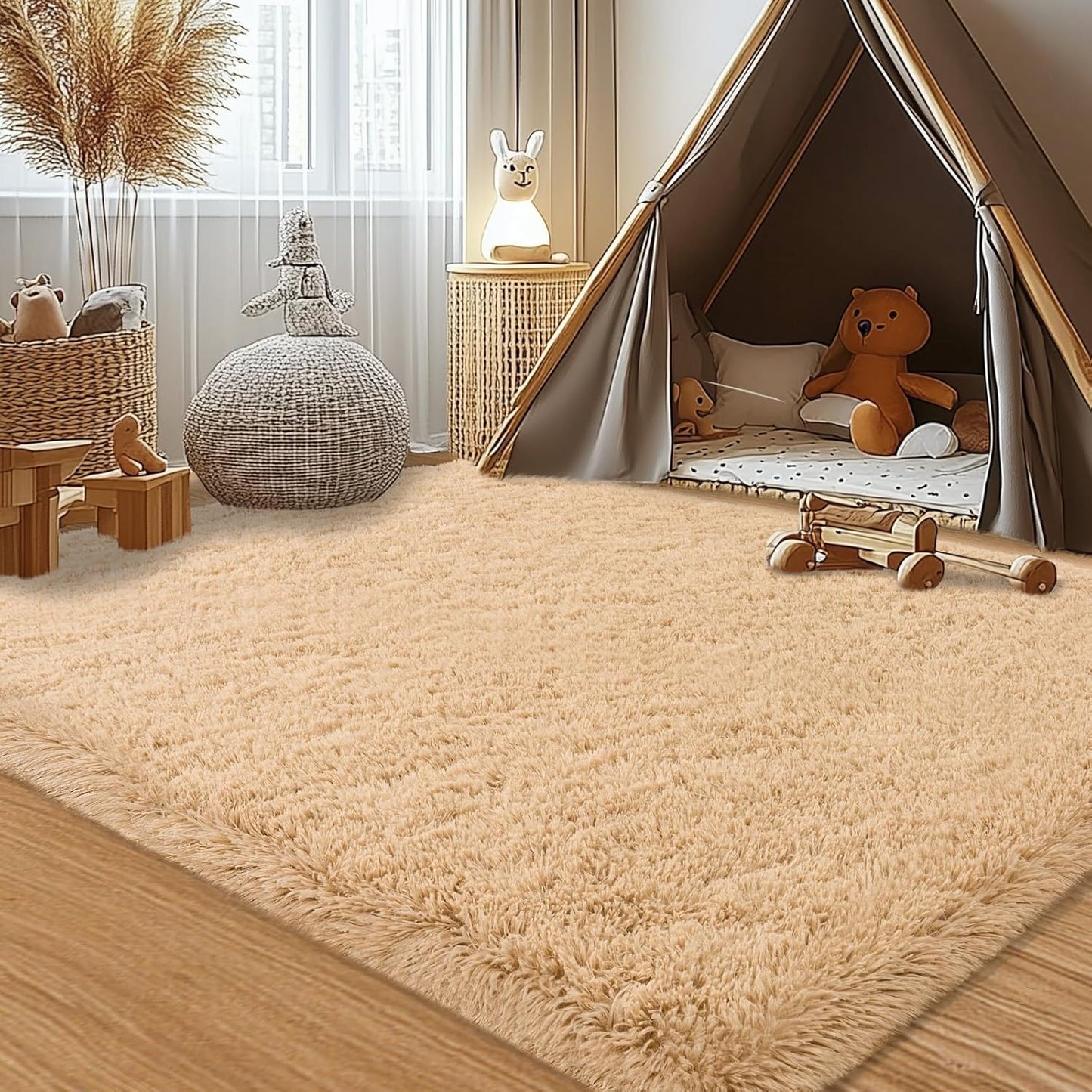 Shaggy Rugs for Bedroom Living Room, Beige Fluffy Fuzzy Shag Area Rug, 4x5.9 Feet Soft Cozy Plush Carpet for Kids Room Dorms Home Decor Aesthetic, Upgrade Non-Slip