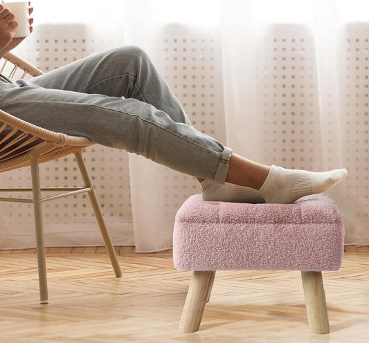 Storage Ottoman, Small Foot Stool Ottoman with Storage, Boucle Teddy Velvet Foot Rest with Padded Seat, Sturdy Wood Legs Stool for Living Room, Bedroom, Couch, Enterway (Pink)