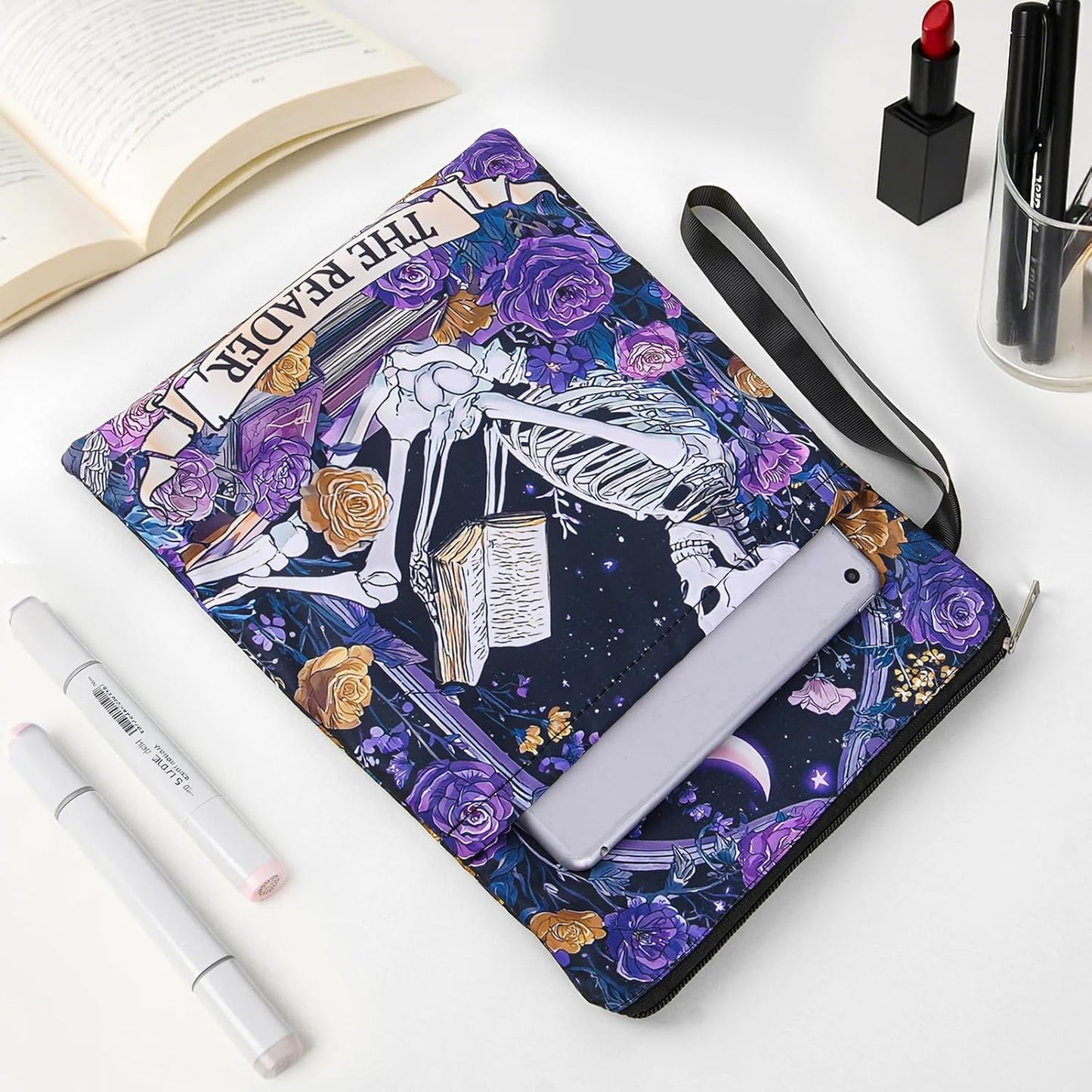 Gothic Skeleton Book Sleeve - Floral Books Covers Protector with Zipper and Pocket for Paperbacks Reading Lover Accessories Birthday Halloween Christmas Gift for Women Teacher Student