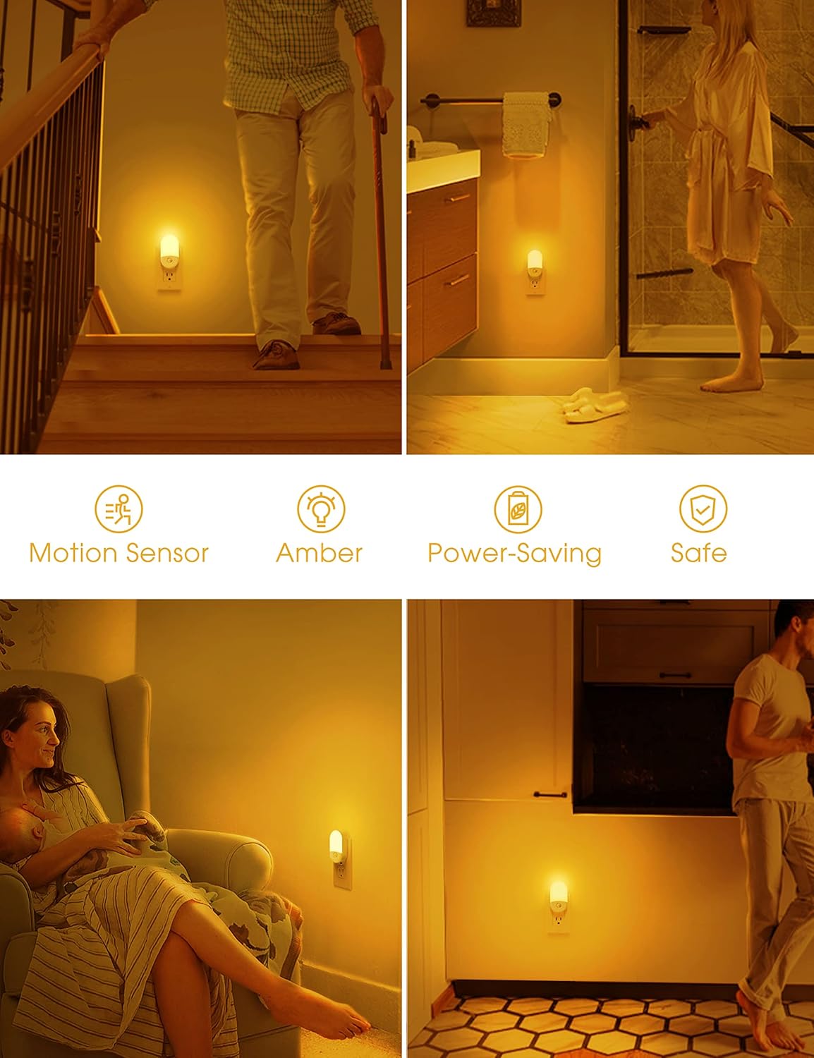 L LOHAS LED Amber Night Light, 2 Pack, Night Lights Plug into Wall Motion Sensor, 0.6W 2000K, LED Nightlights, 30/60LM Adjustable Brightness, Automatic Low Blue Nightlight for Kids, Bathroom, Hallway