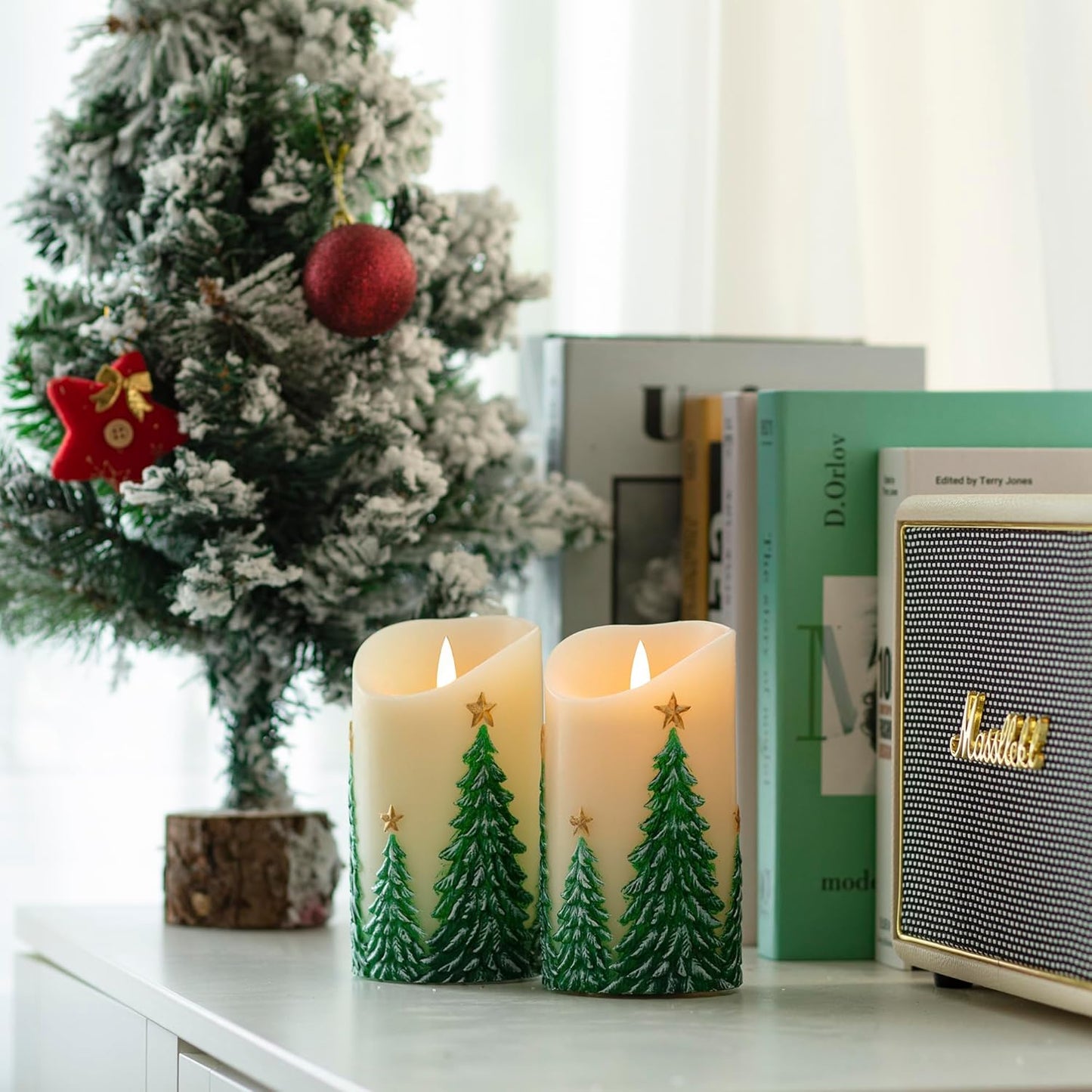 Christmas Embossed Tree Flameless Candles with Remote, Battery-Operated Real Wax LED Candle with Flickering Flame, Christmas Home Decor, Set of 2