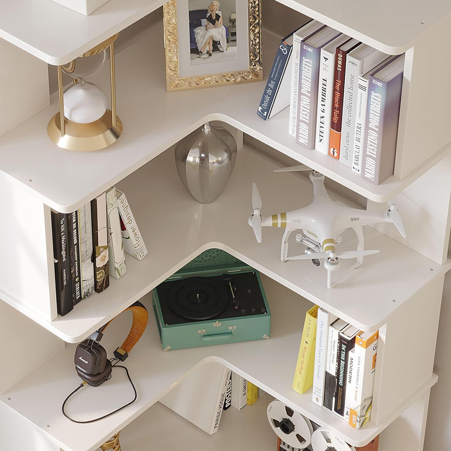 Corner Bookshelf, Multi-Layer Display Shelf, Corner Cube Toy for Small Space, Book Storage, Wooden Cube Corner Bookshelf for Game Room, Bedroom, Living Room, White