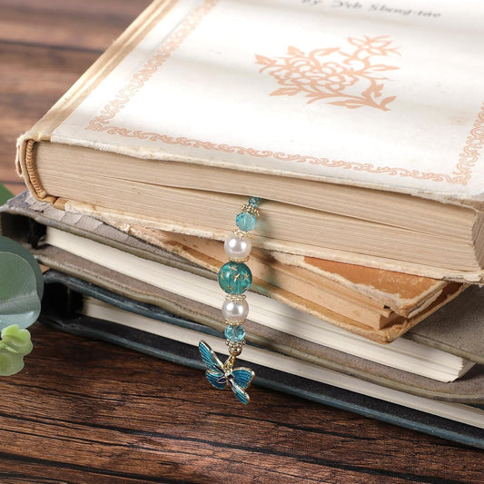 Blue Butterfly Beaded Bookmark - Fantasy Crystal Bead Gold Chain Fantasy Bookmark, Butterfly Aesthetics Pendant, Book Marks Gifts for Books Lovers Students Teacher Office School Supplies