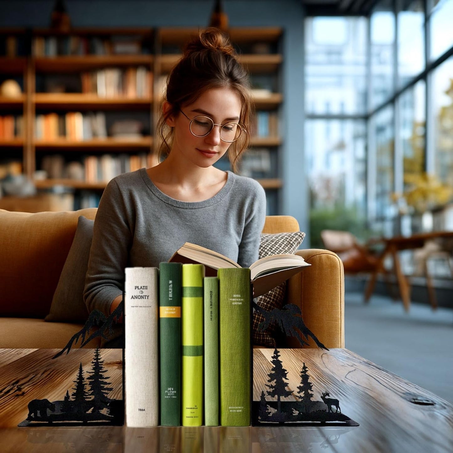 Mountain Forest Book Ends Decorative for Shelves, Cute Metal Bookends for Heavy Books, Unique Laser Cut Book Holders, Black Book Stopper for Home Office, Decorative Bookends for Shelf Decor