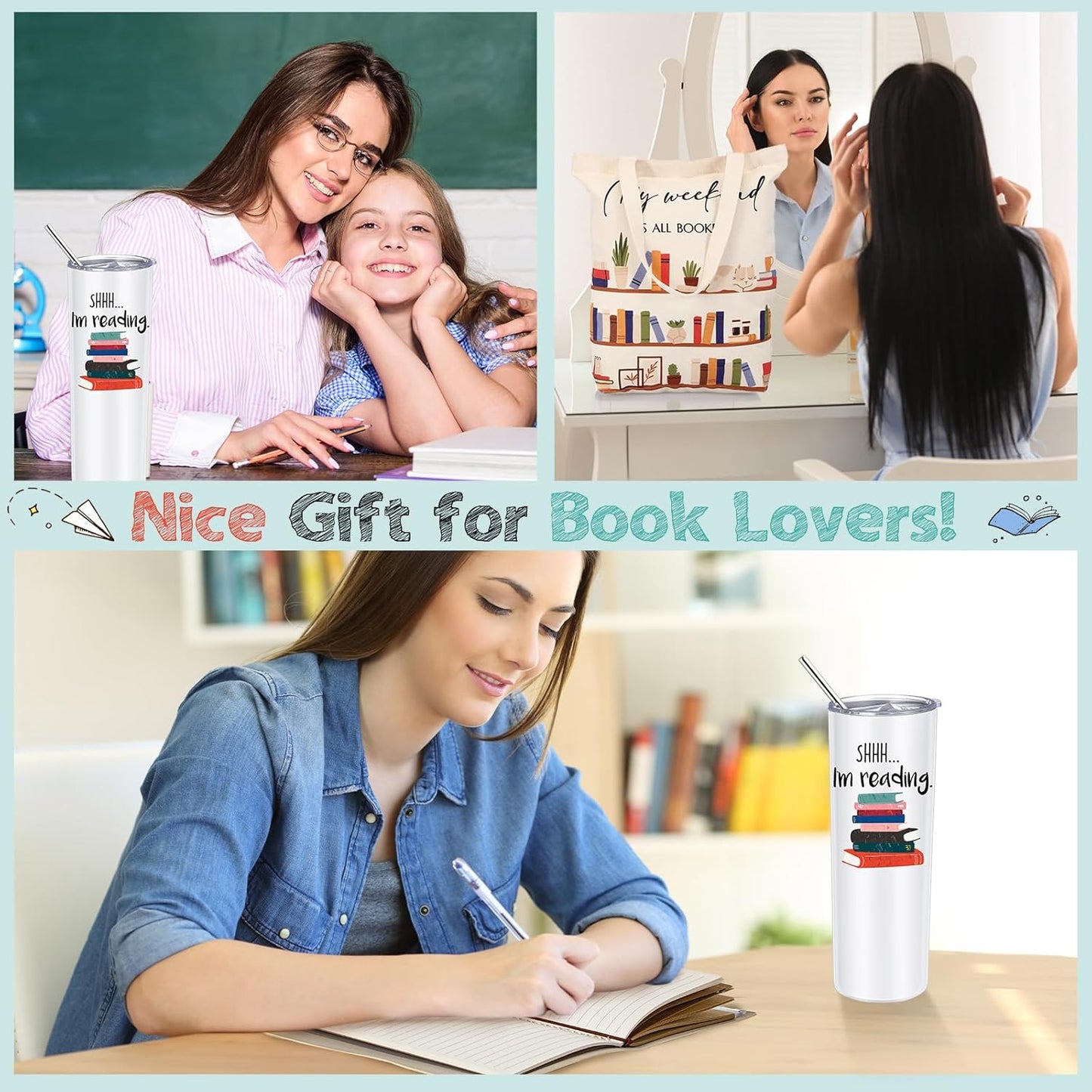 Fuutreo Book Lovers Gift Sets Include 20 oz Stainless Steel Tumbler Cup with Lid Library Canvas Tote Bag Leather Journals with Inspirational Words Books Club Gifts for Book Lovers' Day Reader