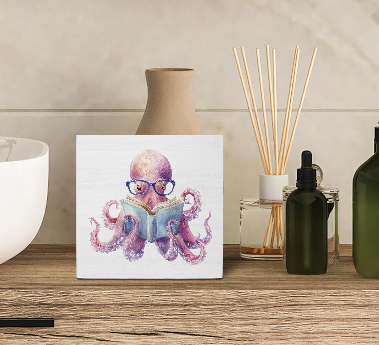 Ku-Dayi Funny Octopus Reading Wooden Box Sign, Book Lovers Gifts Wood Box Decorations for Library Classroom Reading Corner Nook Room, Book Lovers Gifts Wooden Block Plaque Desk Shelf Decor Accents 5x5 Inch