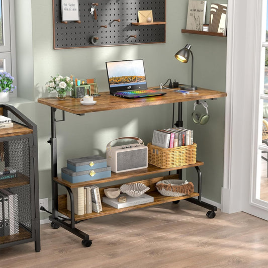 39" Height Adjustable Standing Desk with Power Outlets - Manual Rolling Stand Up Desk with Wheels Small Portable Computer Desk Mobile Laptop Table with Storage Shelves for Home Office, Rustic