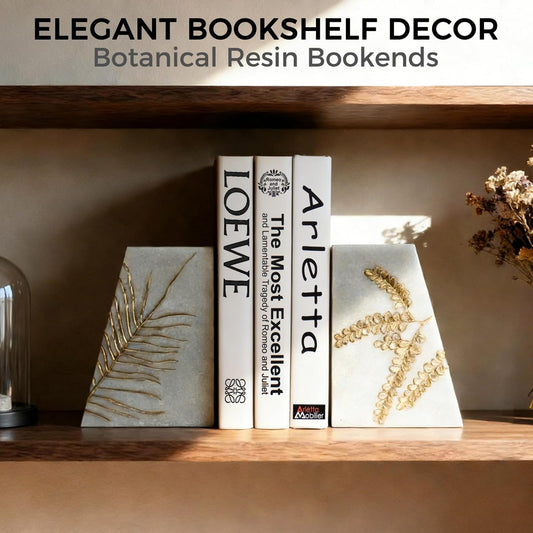 Heavy Duty Book Ends for Shelves, Decorative Book Ends for Heavy Books, Resin Modern Bookends with Marble Texture & Gold Botanical Detail, Minimalist Bookends for Home Decor, Set of 2