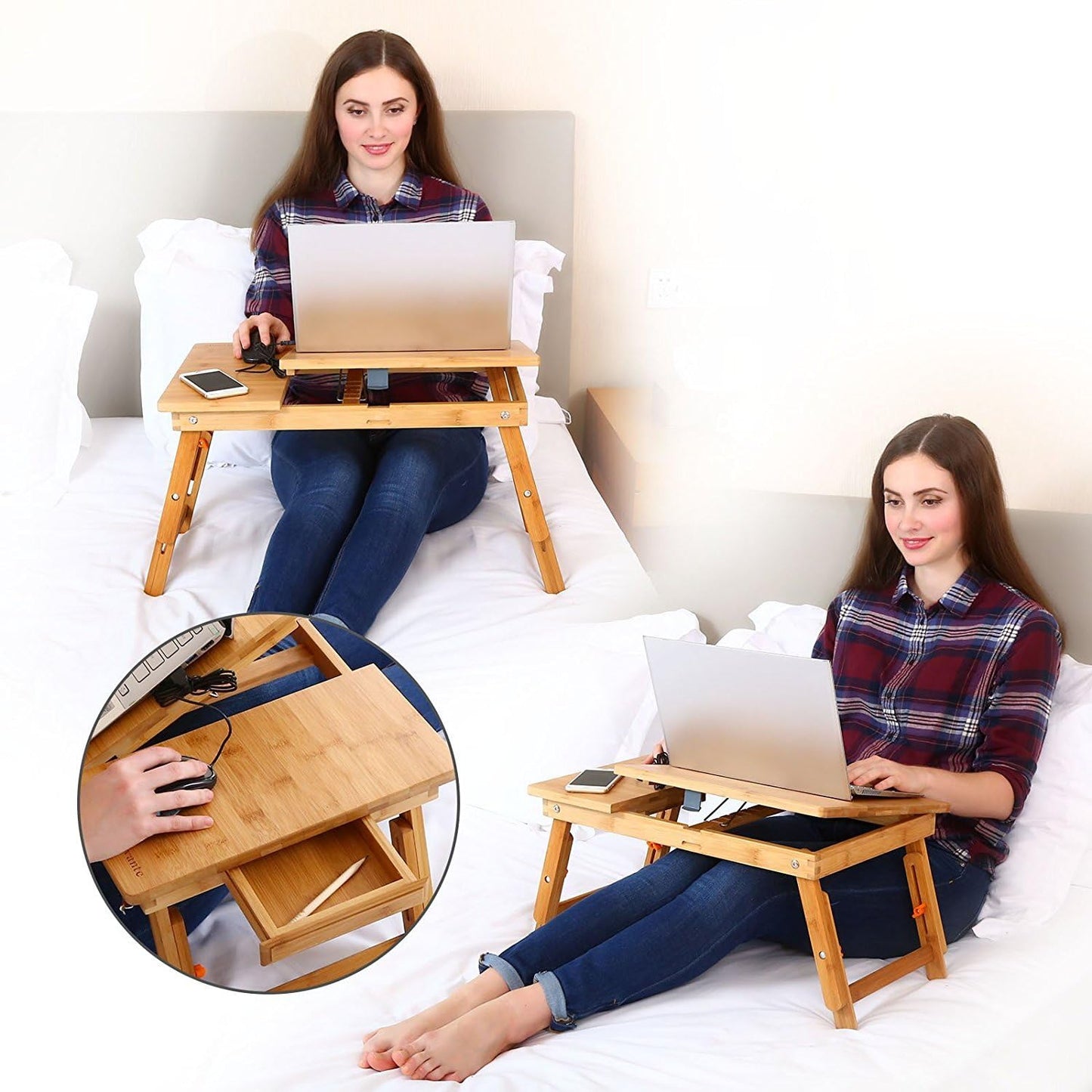 Laptop Desk Nnewvante Table Adjustable Bamboo Foldable Breakfast Serving Bed Tray w' Tilting Top Drawer