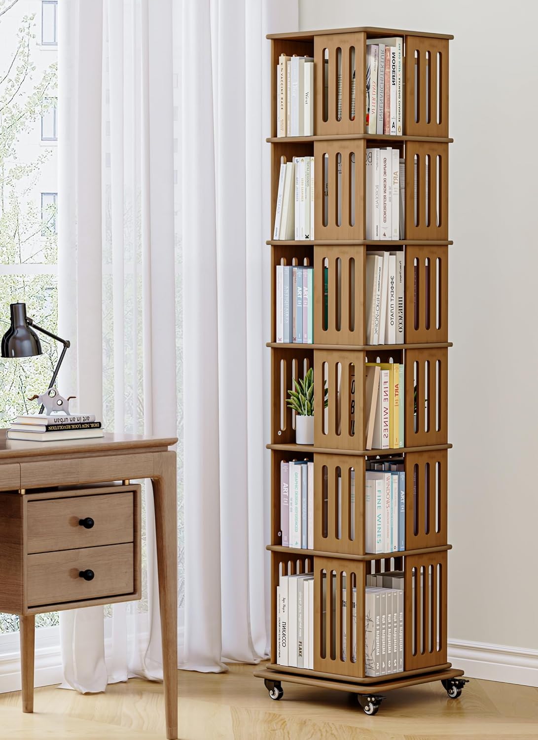 Baoz 6 Tier Square Rotating Bookshelf, 360 Display Spinning Bookcase Organizer with Bamboo, Corner Floor Standing Storage Rack for Small Space, Bedroom, Living Room, Home Office