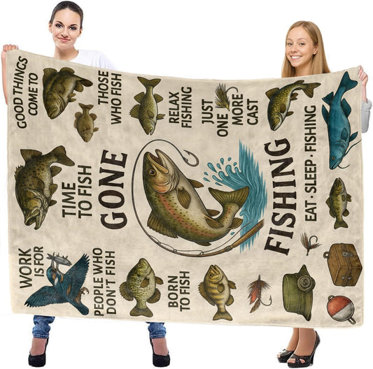 Vintage Fishing Throw Blanket, Lightweight Warm Flannel Blanket with Fish and Hook, Home Decor and Gifts, Soft Cozy Blankets for Fishermen, Dads, and Outdoor Lovers, 50"x60" for Bed Couch Travel