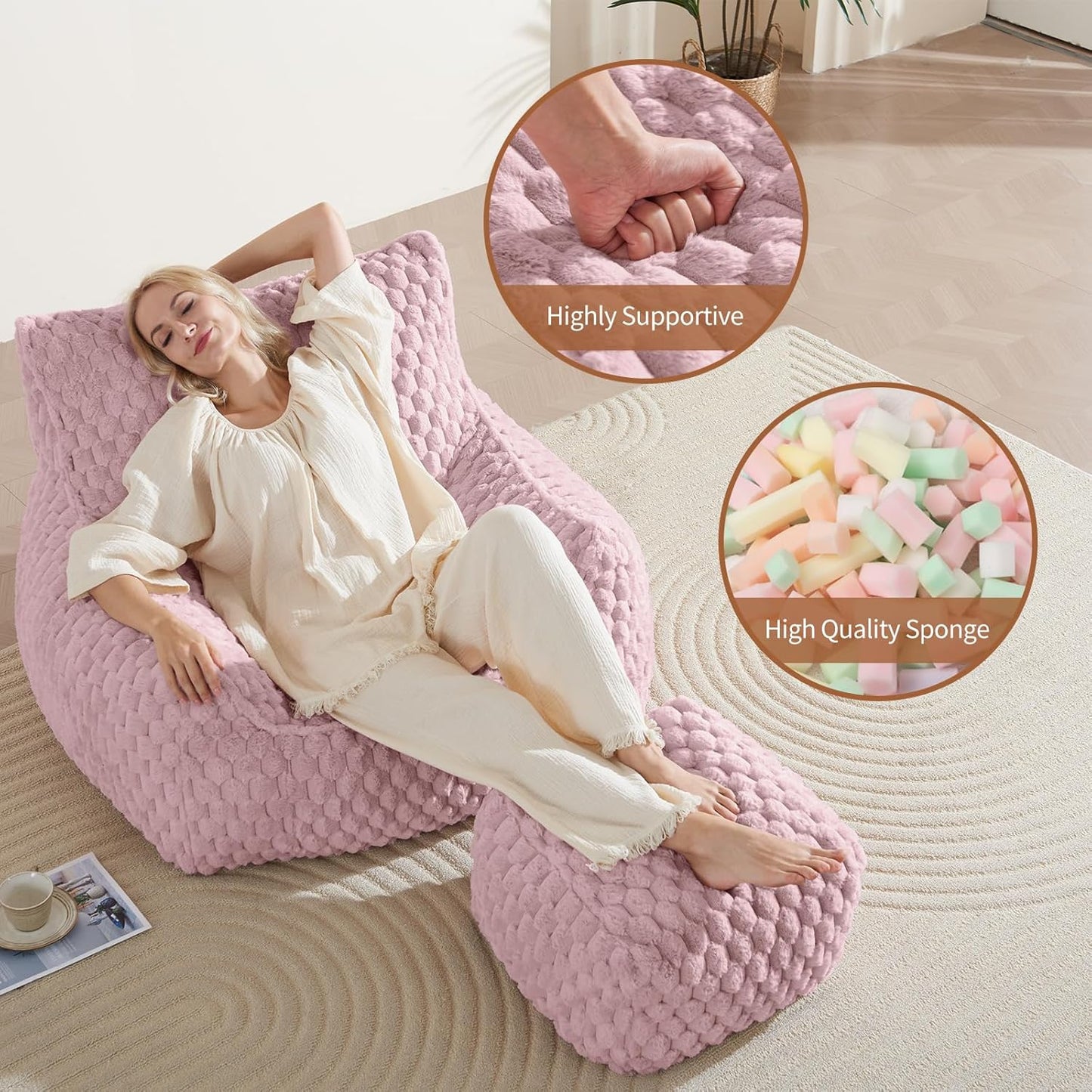 Bean Bag Chair with Ottoman - Modern Comfy Beanbag Sofa with Footrest, Soft Faux Fur Lounger Chair for Adults Teens, Cozy Memory Foam Filled Gaming Reading Chairs for Bedroom, Living Room (Dusty Pink)