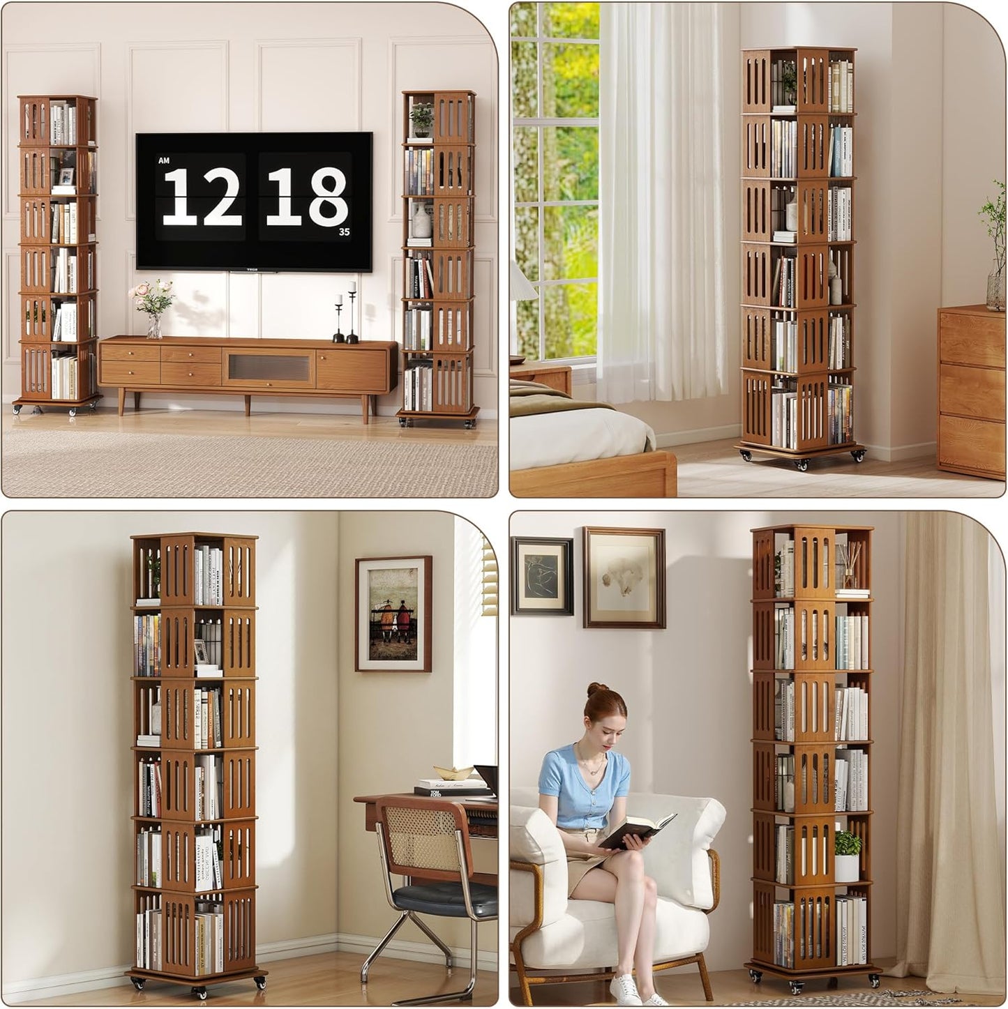 6 Tier Rotating Bookshelf Tower on Wheels, Wood Spinning Bookcase, Bamboo Revolving Book Shelf, Narrow Bookshelves for Small Space, Corner, Bedroom, and Living Room - Walnut