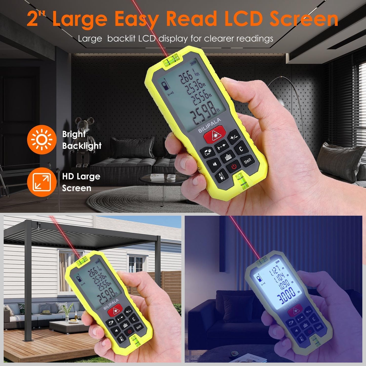 Laser Distance Measuring Tool, 100M/328ft Laser Measure, ±2mm Accuracy Laser Distance Meters with Backlit LCD, Measuring Distance, Area, Volume, Pythagorean Mode for Indoor/Outdoor Use(Red Laser)