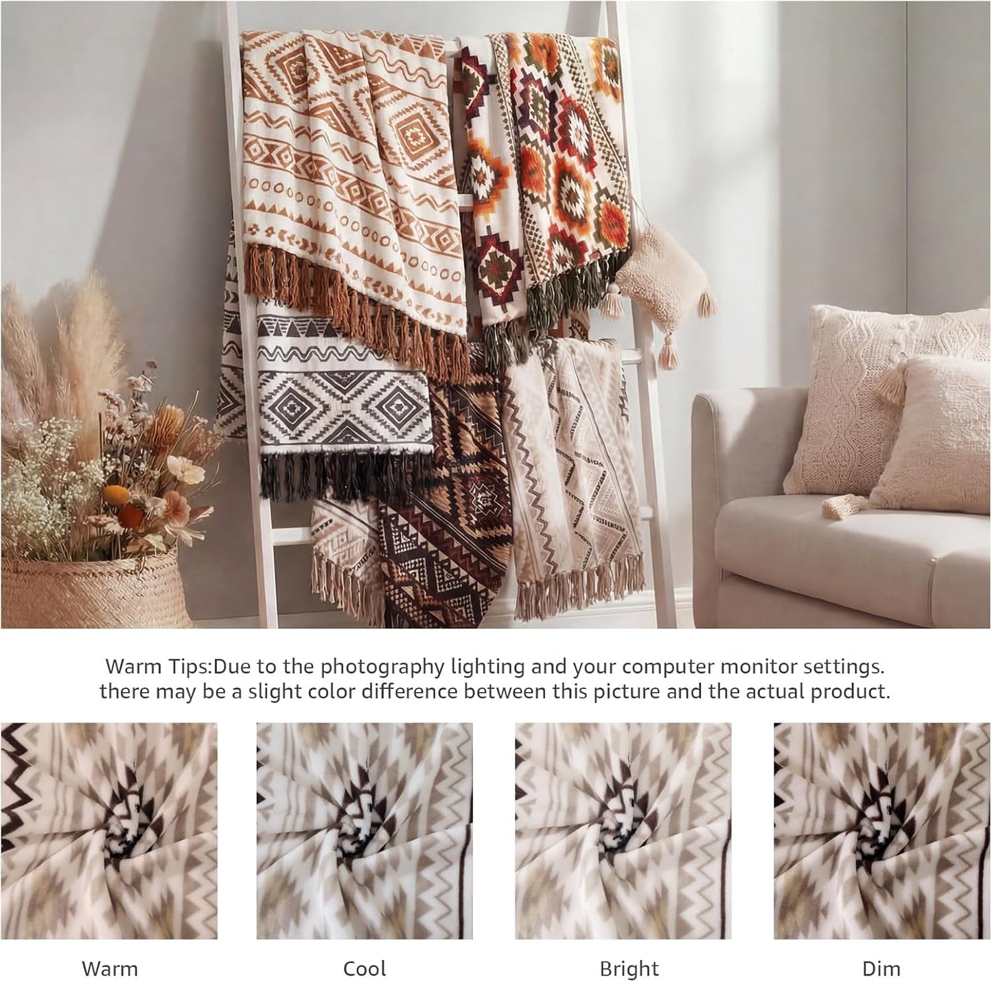 CASAAGUSTO Boho Throw Blanket - Beige and Gray Decorative Blankets with Tassel, Printed Flannel Bohemian Blanket for Chair, Bed, Sofa, Couch(50 * 60, Beige and Gray)