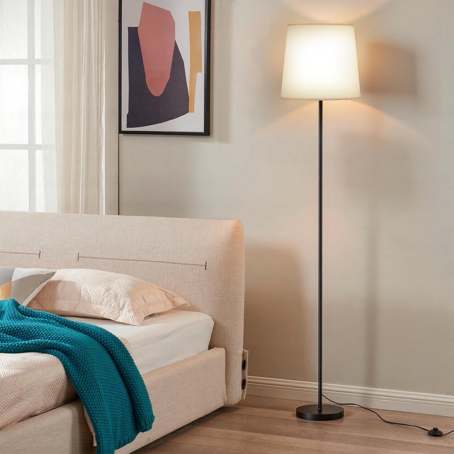 Floor Lamp with White Fabric Shade - Color Chaning Standing Lamp with Foot Switch, 3 Color Temps, 9W E26 LED Bulb Included, 62" Floor Reading Light for Living Room Bedroom Office Corner