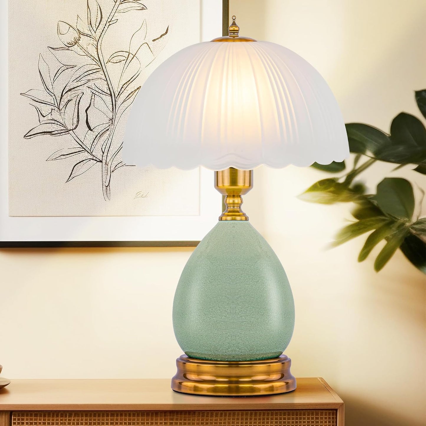 Vintage Ceramic Table Lamp for Living Room, 16" Modern Green Lamp for Bedroom, Retro Bedside Nightstand Lamp for Home Decor