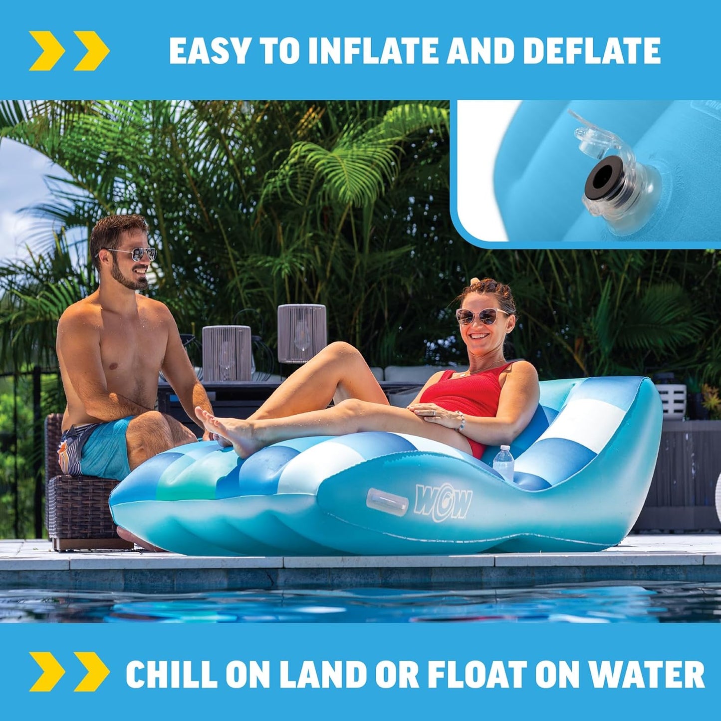 WOW Sports Inflatable Chaise Lounge - 68 x 36 in - Cup Holder - Pool & Lake Float for Adults