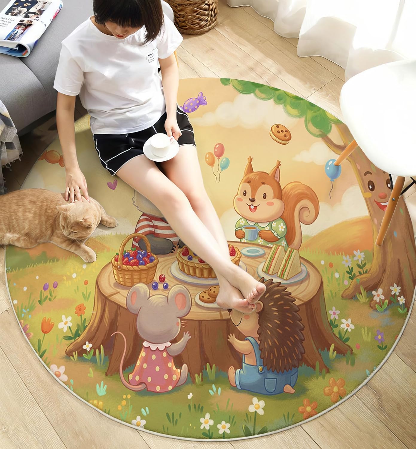 2Ft Round Washable Rug - Large Area Rug for Living Room Dining Room, Yellow Soft Bedroom Carpet with Cute Animals Party Pattern, Cartoon Illustration Décor, Low Pile Stain Resistant