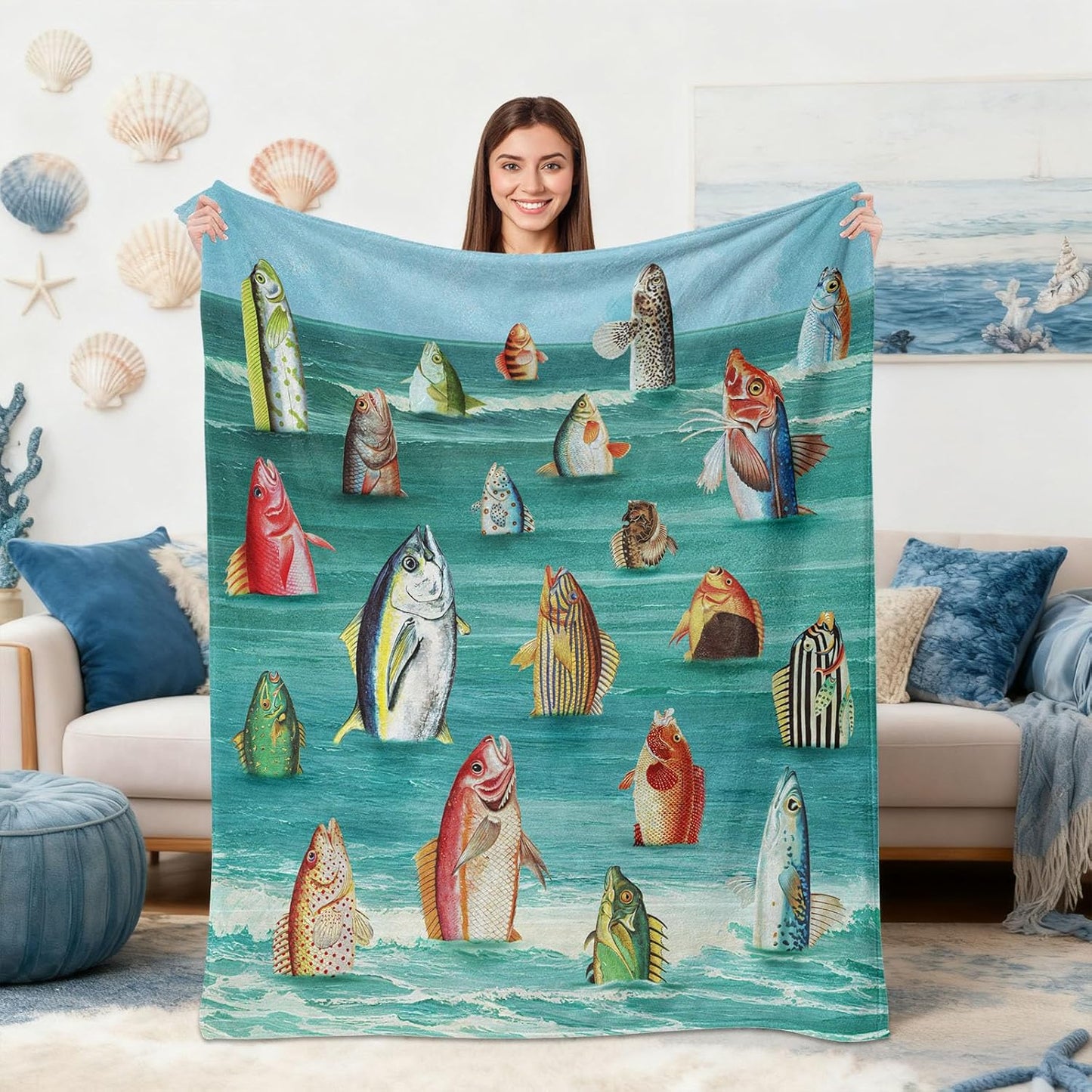 kampdream Surreal Fish Wave Flannel Blanket, Humanoid Standing Fish Art, Super Soft and Warm for Couch Sofa Living Room Ideal Gift for Friends Teal 50×60 inch