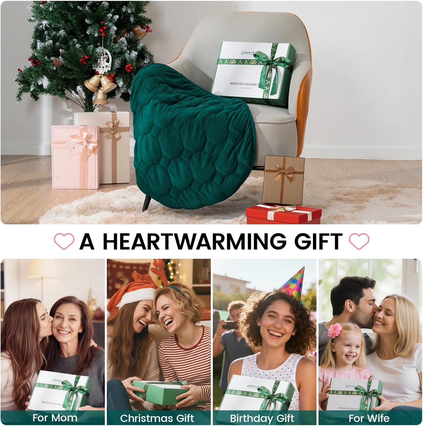 immtree Weighted Heating Pad for Period Cramps, 29" x 24" Extra Large Electric 5 lbs Heated Pads, Back Shoulder Knee Abdomen Pain Relief, Soft Warm Heavy Lap Blanket, Dark Green