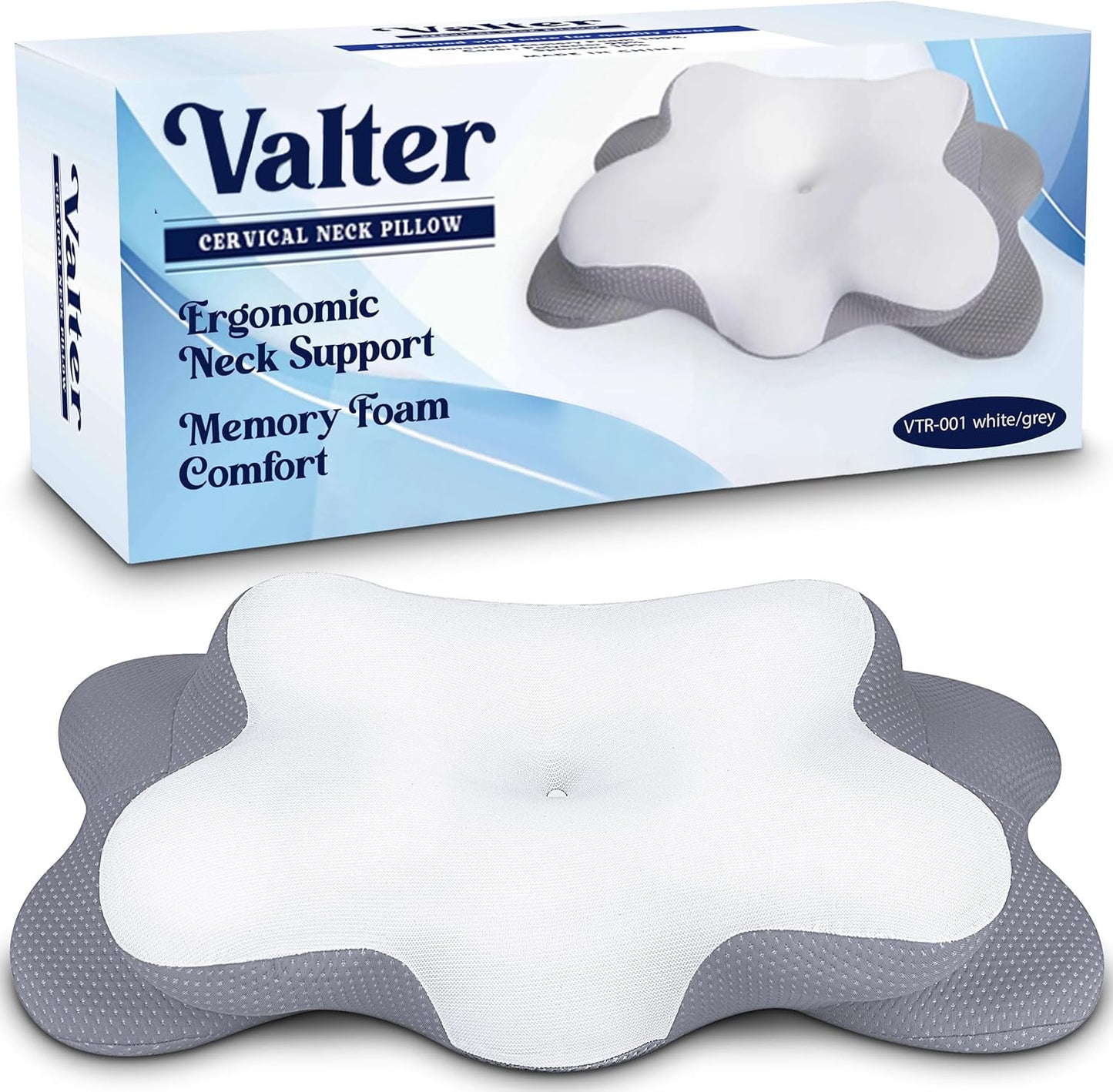 VALTER Cervical Neck Pillow for Pain Relief, Orthopedic Contour Memory Foam Pillow for Back Side Stomach Sleepers, Ergonomic Support for Neck and Armrest