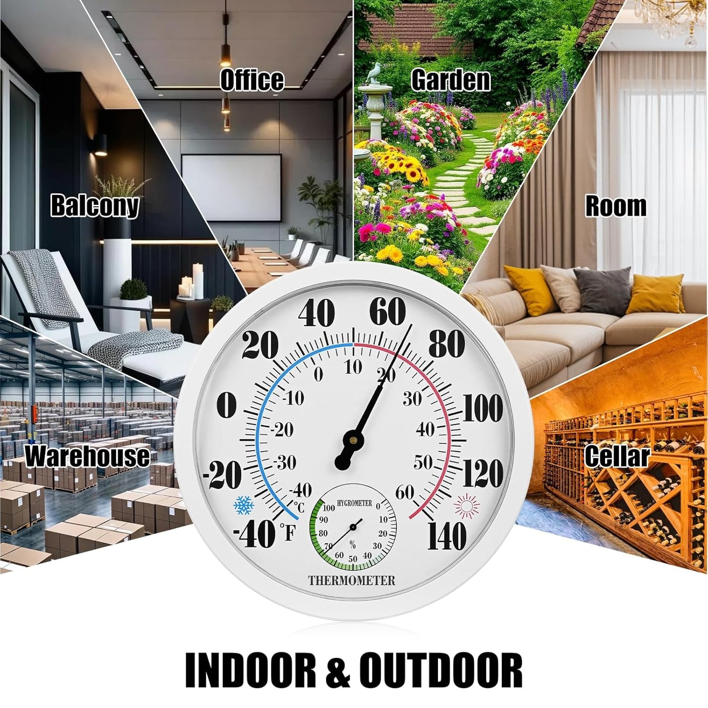 10 Inch Indoor Outdoor Thermometer Hygrometer Combo, Large Dial Analog Temperature Humidity Gauge, Wall Mount Weather Thermometer for Home Patio Greenhouse Garage Room