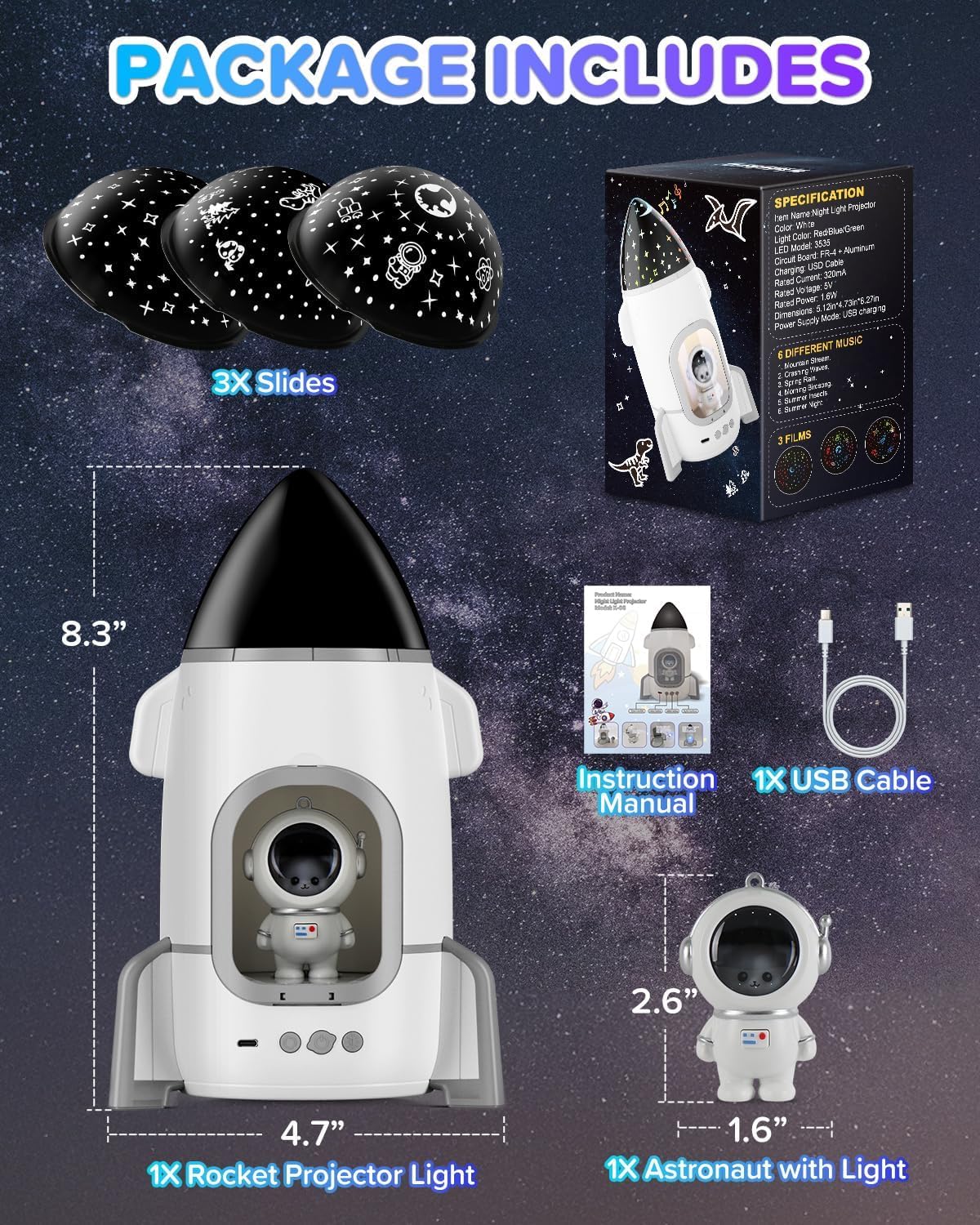 Rocket Night Light Projector for Kids Boys Toddlers Sensory Toys with Music&Films,Nightlight Lamp Astronaut Ceiling Star Projector 360° Rotation&Rechargeable,Birthday Gifts Kids Bedroom Room Decor