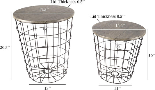 End Tables Set of 2 - Nesting Tables with Removable Wood Tops and Metal Basket Bases for Blanket Storage - Round Side Furniture for Living Room, Bedroom, or Home Office by Lavish Home (Gray/Black)