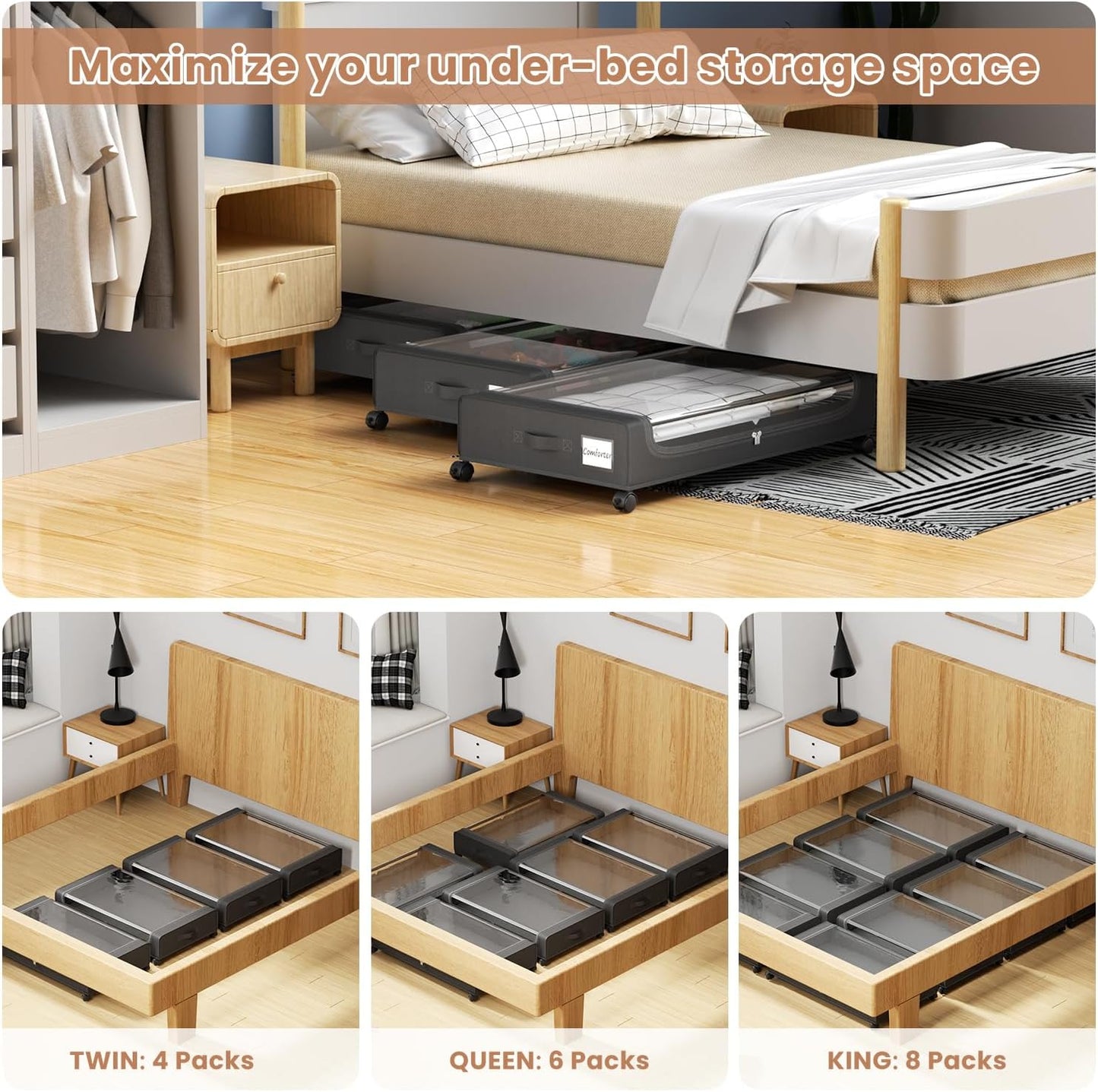 Under Bed Storage Containers with Clear Lid, Large Under Bed Storage with Wheels,6.22"H Under Bed Containers Rolling Under Bed Cart, Fabric & Metal Frame Under Bed Drawer for Clothes ;Black, 2 Pack