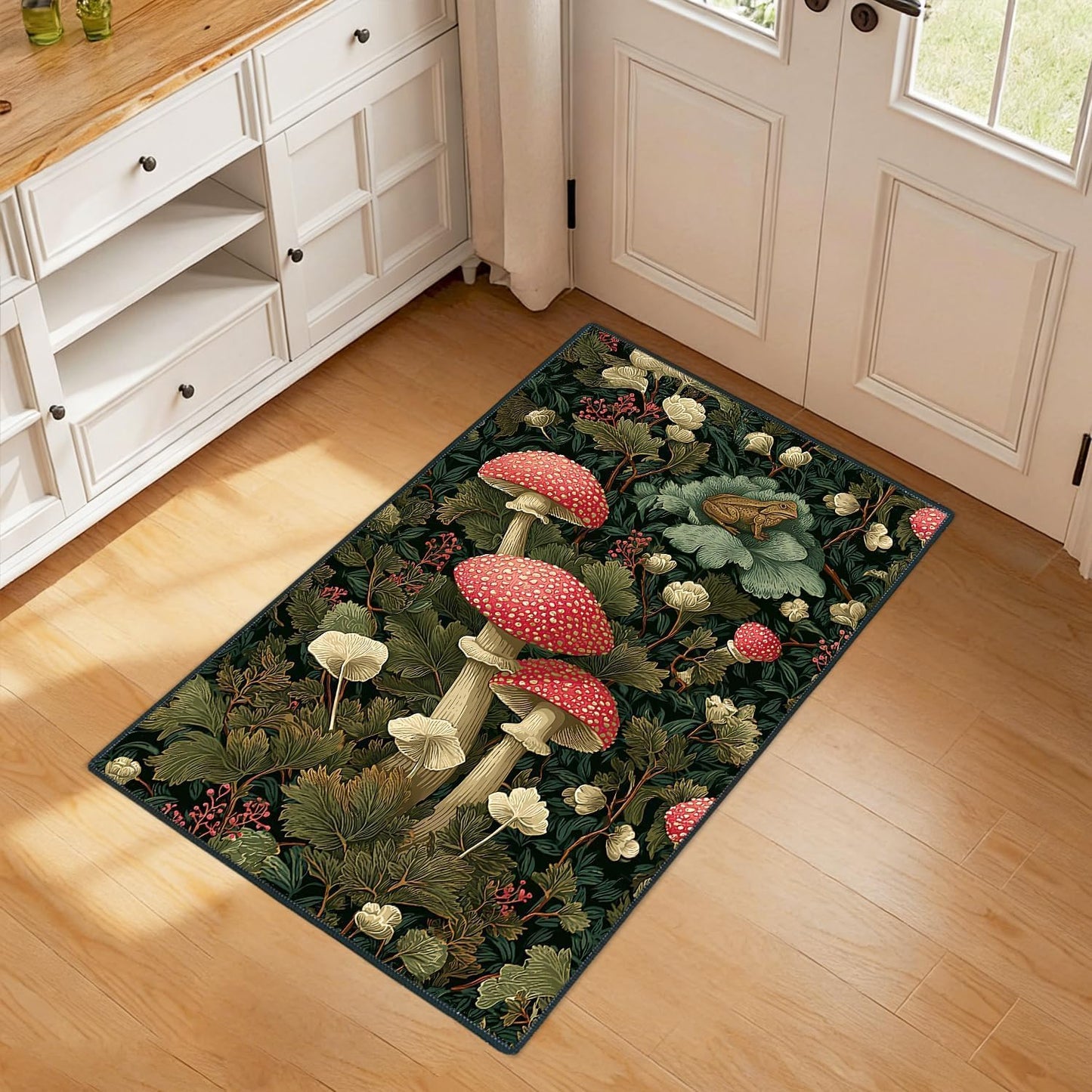 Washable 2x3 Entry Rug Vintage Botanical Mushroom Area Rug, Non Slip Low Pile Indoor Door Mat, Woodland Floral Decorative Rug for Entryway, Kitchen, Bedroom, Green Nature Design